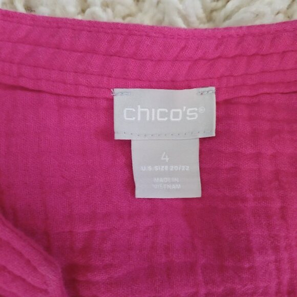 Chico’s Size 4 (20/22) Pink Crinkle Gauze 100% Cotton Button Front Blouse Top - Picture 2 of 6